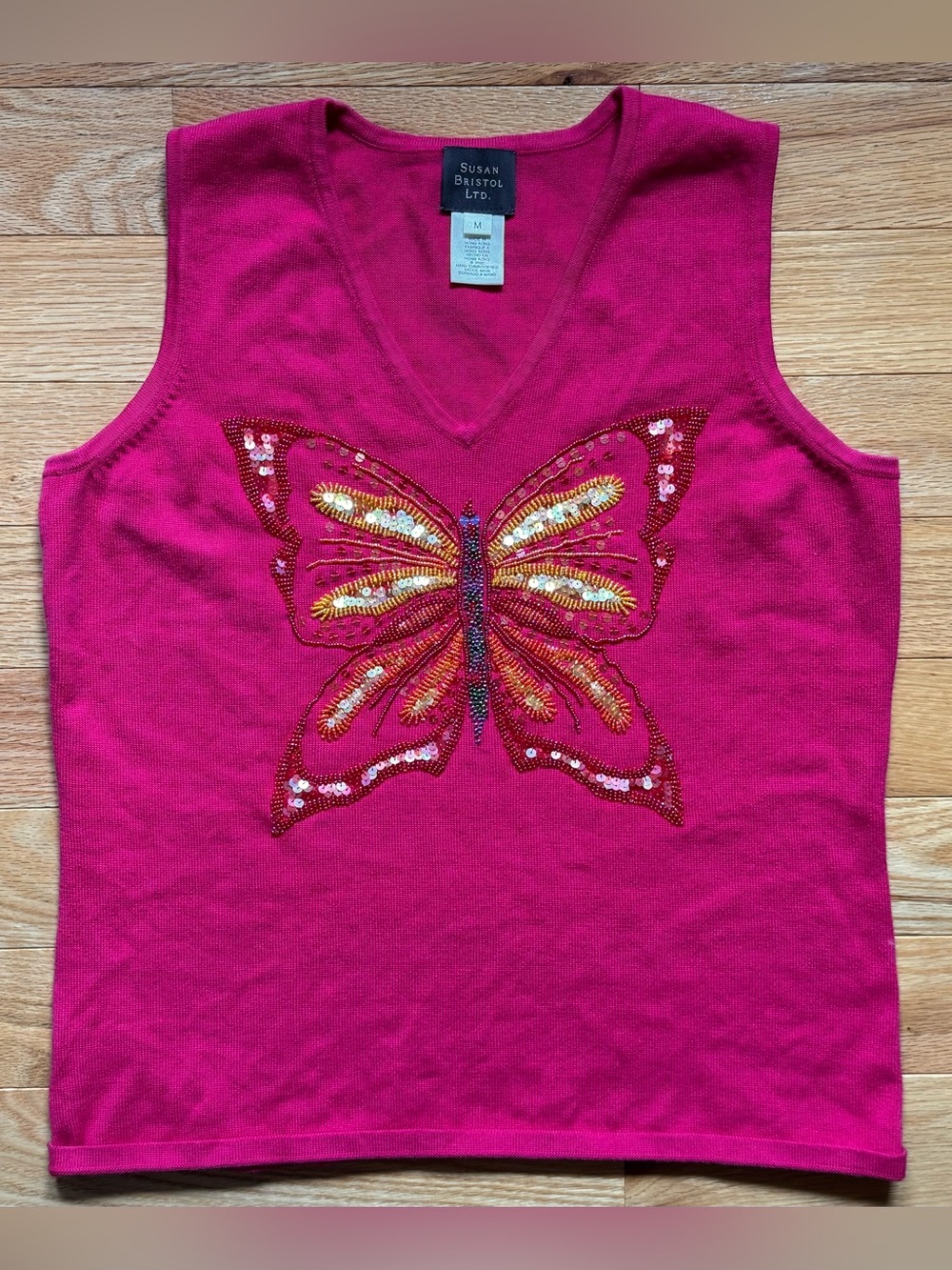 Susan Bristol Ltd. Pink Beaded Butterfly Sleeveless Sweater Tank Top, Size M